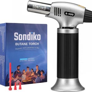 Sondiko Butane Torch S400, Refillable Kitchen Torch Lighter, Fit All Butane Tanks Blow Torch with Safety Lock and Adjustable Flame for Desserts, Creme Brulee, and Baking—Butane Gas Is Not Included