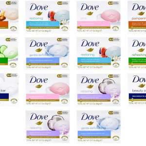 Dove, Beauty Bar Soap Variety Pack of 14, Go Fresh, Shea Butter, Coconut Milk, White, Pampering, Restoring, Exfoliating - 90g (7 Scents, 2 of Each)