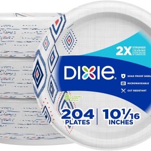 Dixie Large Paper Plates, 10 Inch, 204 Count, 2X Stronger*, Microwave-Safe, Soak-Proof, Cut Resistant, Disposable Plates For Everyday Breakfast, Lunch, & Dinner Meals
