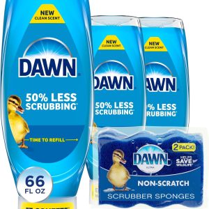 Dawn Dish Soap Squeeze Bottle, EZ-Squeeze Dawn Dishwashing Liquid, Dawn Dish Soap Liquid, Dish Washing Liquid + Non-Scratch Sponges for Dishes, Original, Includes 3x22oz Bottles + 2 Sponges