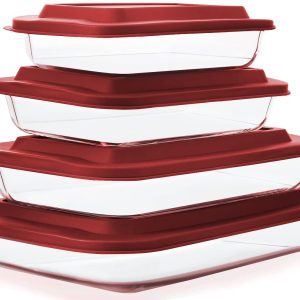 8-Piece Deep Glass Baking Dish Set with Plastic lids,Rectangular Glass Bakeware Set with BPA Free Lids, Baking Pans for Lasagna, Leftovers, Cooking, Kitchen, Freezer-to-Oven and Dishwasher, Gray