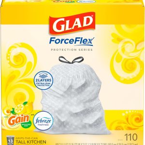 Glad Tall Kitchen Drawstring Trash Bags - Odorshield 13 Gallon White Trash Bag, Febreze Fresh Clean, 110 Count